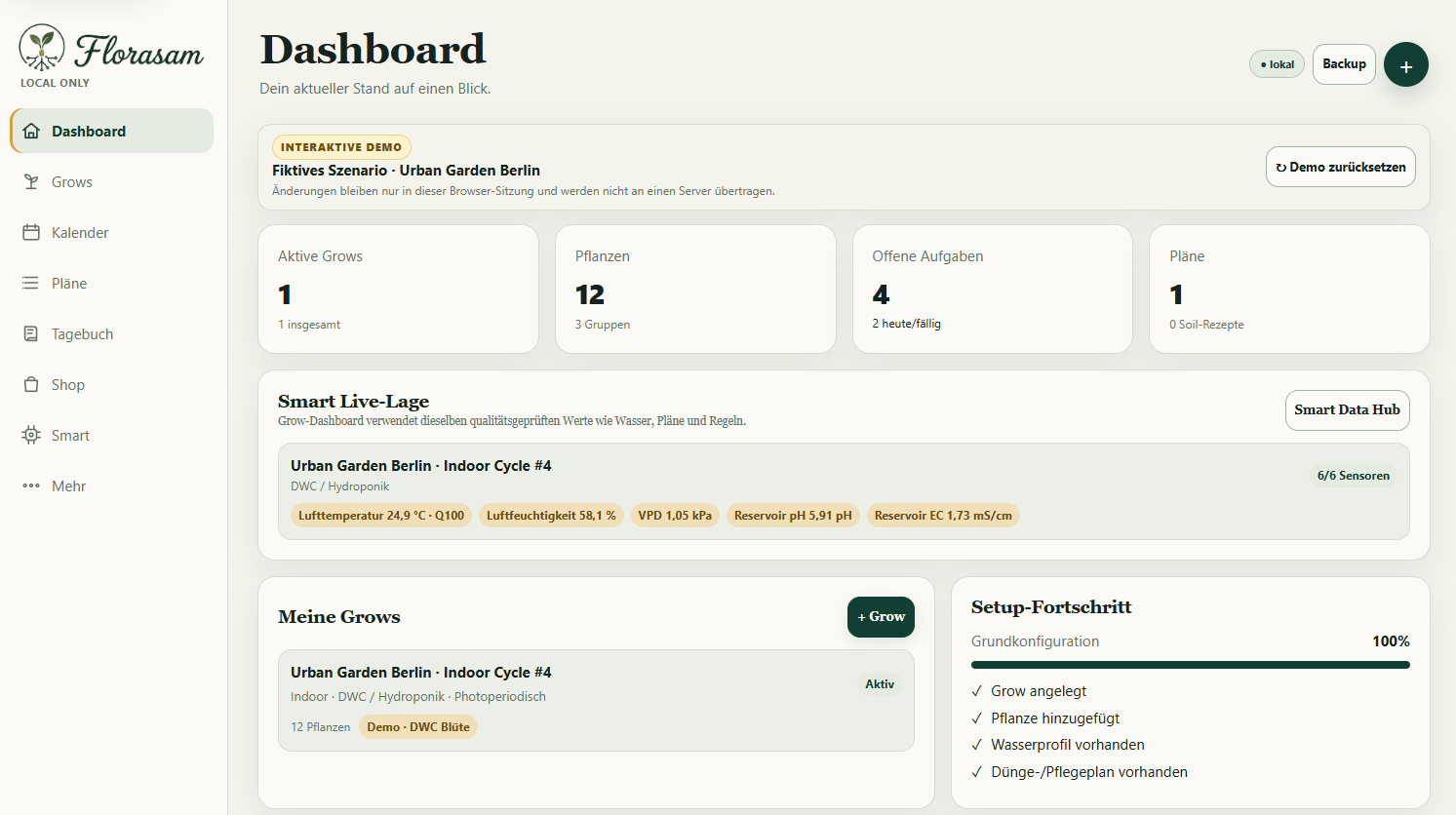 Echte Florasam-Demoansicht mit Dashboard, Grows, Pflanzen, Aufgaben und lokalen Sensordaten